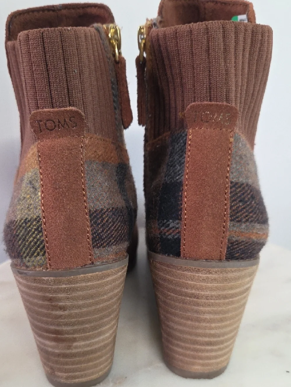 Toms Brown Suede Wedge Ankle Boots with Plaid Heel Size 8.5